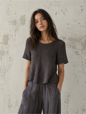 Raquel Allegra Short Sleeve Crochet Top - Charcoal Gray Hand Made
